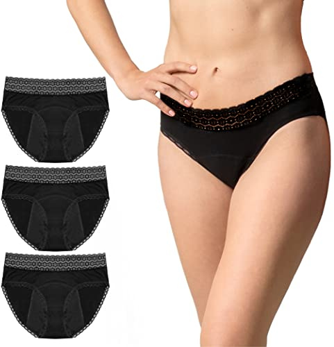 Set Culottes Menstruelles en Coton Bio Organique - M - sous Vetement 4 Couches Absorbantes Anti-Fuite - Protection Hygiénique Lavable pour Regle, Noir, Lot de 3