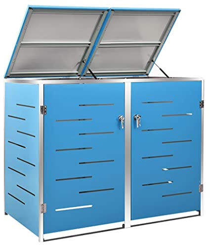 Hommdiy Mülltonnenbox für 2 Tonnen 138x77,5x112,5 cm Rahmen aus Edelstahl Mülltonnenverkleidung Müllbox Mülltonne Müllcontainer Gartenbox Gerätebox Mülltonnenschrank Blau