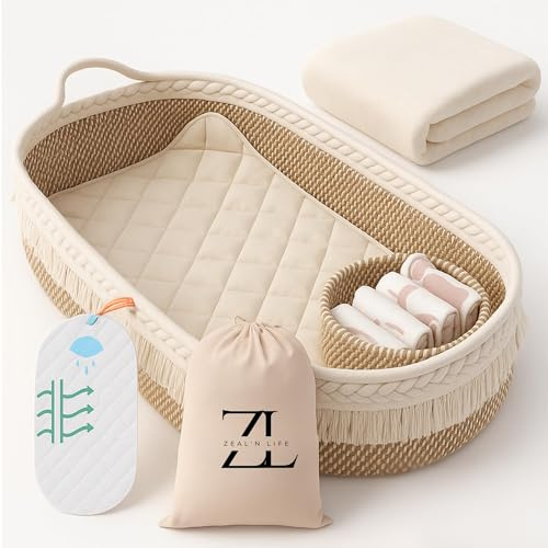Moses Baskets for Newborn by ZEAL'N LIFE, Baby Changing Basket with Blanket, Waterproof Baby Changing Mat, Diaper Basket, Tote Bag, Moses Basket, Changing Pad for Dresser, Portable Changing Pad