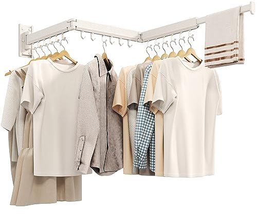 CHAHUANV Étendoir Linge Mural rétractable & Pliable, étendoir Mural intérieur Gain de Place, séchoir à Linge Mural en Aluminium pour Balcon, Salle de Bain & buanderie, avec Crochets Blancs