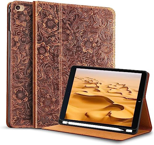 Gexmil Leder Hülle für iPad mini 7.9 Zoll,5./4. Generation 2019/2015 | Premium Echtleder Cover/Flip mit Stifthalter,Auto Schlaf/Aufwachen,Schutzhülle Einstellbarer Ständer,Stoßfest,Blume Braun