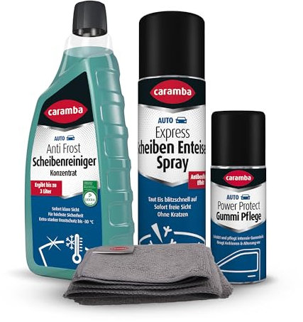 Caramba Auto Winter-Set (4-teilig), Anti Frost Scheibenreiniger Konzentrat, Express Scheibenenteiser Spray, Power Protect Gummi Pflege, Mikrofasertuch