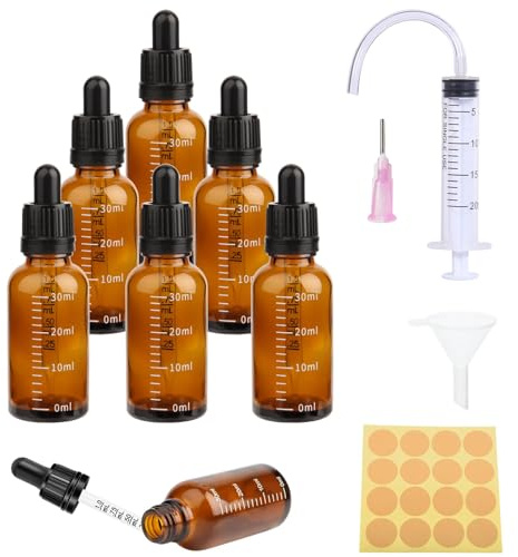 6 Stück Pipettenflasche 30ml Tropfflasche Brown Dropper Bottle Flasche Mit Pipette und Skala GlasfläSchchen Braunglas mit 5 Hilfsmitteln Für ätherische öL, ParfüMöLe, Aromatherapie,DüFte,FlüSsigkeit