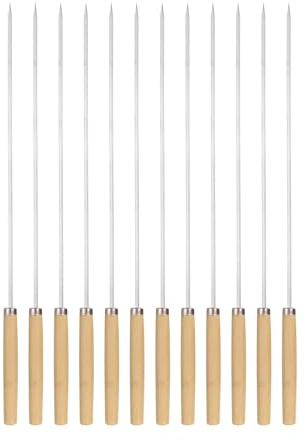 sourcing map Lot de 12 brochettes à kebob en métal 35 cm x 3,5 mm x 1 mm Bâtons plats en acier inoxydable avec poignée en bois réutilisables pour barbecue bâton de gril pour viande, fruits, légumes