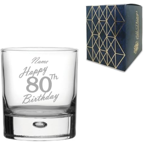 Personalised Engraved Whisky Glass, Happy 80th Birthday Handwritten Design, Bubble Whisky Glass, 11.5oz or 330ml Capacity, Customise with Any Name, Gift Boxed