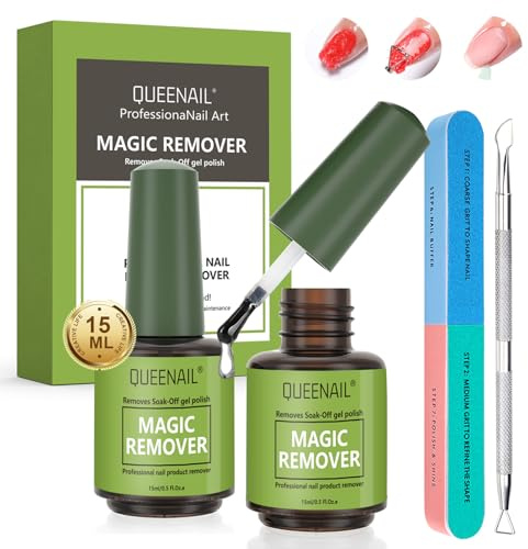 2pcs 15ml Gel Nail Polish Remover, with 1 Scraper & 1 Nail File, Quickly Remove Polish in 3-5 Minutes