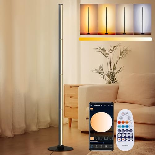 YOSION LED Modern Metal Floor Lamp, Color Changing Standing Lamp, Stepless Dimmable Corner Lamp with APP & Remote Control for Living Room, Bedroom, Reading Room -1.6 Meter