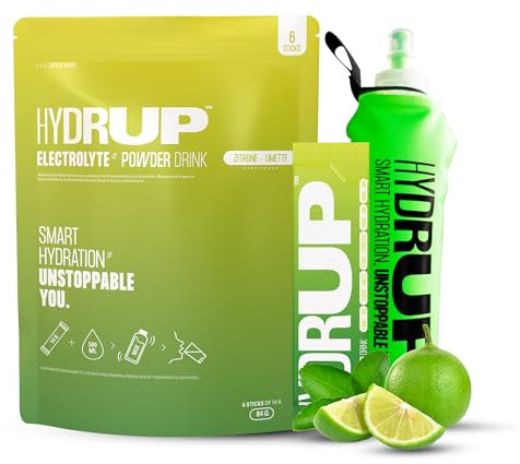 Electrolitos sin Azúcar 1733 mg con Botella Plegable de Silicona 500 ml – Hidratación Rápida con Sales Minerales y Vitaminas B y C – Sabor Lima Limón – 6 Sobres – Sin Gluten ni Lactosa – HYDRUP
