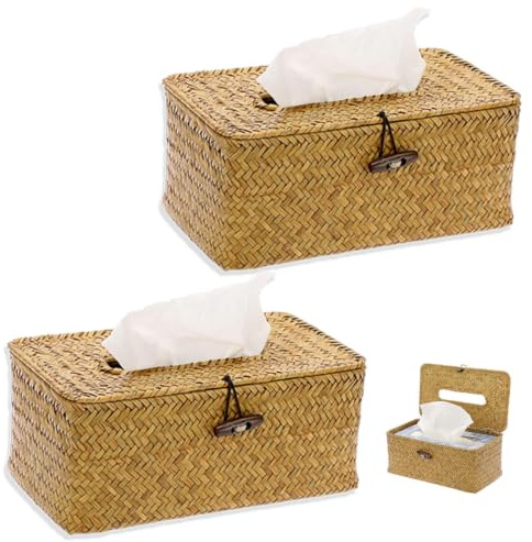 Seegras Tissue Box, 2 Stück Rechteckige Gewebte Tissue Box, Taschentuch Boxes, Taschentuchspender, Dekorativer Gewebter Papierhalter, Handgewebte Tissues Boxes, Geeignet für Retro Stil, Karamellfarbe