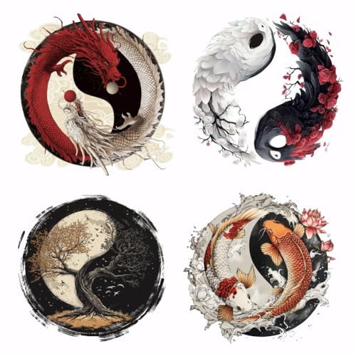 SUPERDANT 4 st Yin och Yang värmeöverföringsklistermärken Taiji strykjärn på lappar klistermärken tvättbart värmeöverföringspapper för kläder t-shirt jeans ryggsäckar gör-det-själv applikation