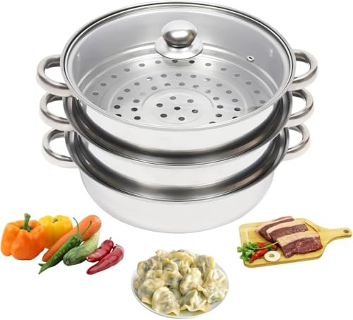 Charocean 28cm Steamer Pans 3 Tier Steamer Cooker Pot Set Stainless Steel Steamers Food Steam Pot with Vented Glass Lids, Dumpling Steamers, Induction Safe