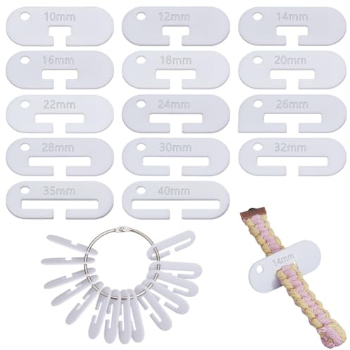 OLYCRAFT 28Pcs 14 Sizes Acrylic Band Weaving Width Gauge 5x2cm White Guide Knitting Tool with Iron Book Binder Hinged Rings Knitting Gauge Rulers for Spinners Yarn Measuring Crochet Accessories