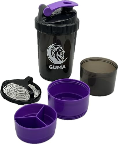 Shaker de Proteínas, Creatina y Bebidas Energéticas para Gimnasio, Morado | Diferentes Compartimentos, Tamiz Mezclador de Acero Inoxidable, Mezclas sin Grumos, Botella para Entrenamiento