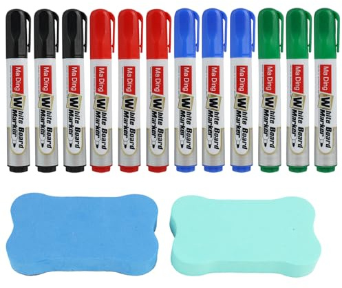 12 Stück in 4 Farben Whiteboard Stifte ,Whiteboard Marker Set, Abwischbare, Nicht-Permanente Dry Erase Marker, Rundspitze 3mm,für Schule, Büro und Zuhause, Inklusive 2 Magnetischer Radiergummis