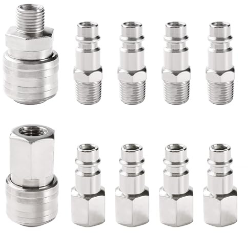 VooGenzek 10 Pezzi 1/4BSP Connettori Aria Compressore Kit, Raccordo Aria Compressa, Attacco Tubo d'Aria Compressore, per Tubo dell'aria Compressori, Argento