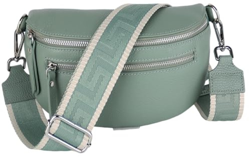 MIRROSI® Damen Bauchtasche Umhängetasche 27x14,5x8cm Damen, Made in Italy, aus Echtleder Tasche Echtes Leder, Brusttasche, Crossbody Bag,Bohemian Style (1 Tasche 2 Gurte) (Mint (Uni))
