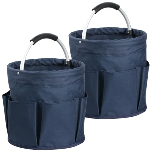 IHOMAGIC Set of 2 Foldable Storage Organiser with 6 Pockets, 17L Cleaning Caddy in 600D Oxford Cloth, Portable Picnic Basket with Handle, Durable Storage Basket for Shopping, Camping, Navy Blue