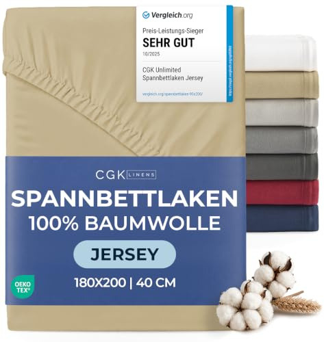Spannbettlaken Jersey 180x200 - Baumwolle Boxspringbett 40cm tief - Beige
