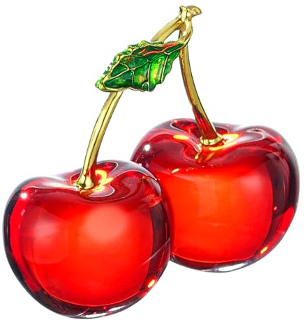 RONG KRISTO Crystal Cherry Decor Glass Fruit Decor Red Home Collectibles for Kitchen, Living Room（Red）