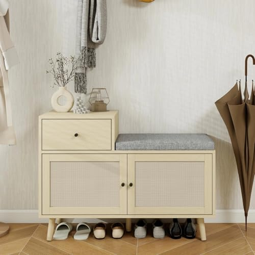LFGUIZO Schuhschrank mit Sitzbank, Boho-Stil Schuhbank mit 2 Türen und 1 Schublade, Sitzbank mit Stauraum für Flur, Eingang und Wohnzimmer, 90 × 35 × 65 cm, Natur