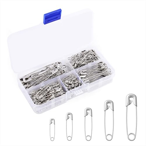 Spille da Balia in 5 Misure Metallo Spille di Sicurezza Acciaio Nichelato Safety Pins con Scatola Portaoggetti per Fai Da Te Vestiti Artigianato Cucito 260 Pezzi