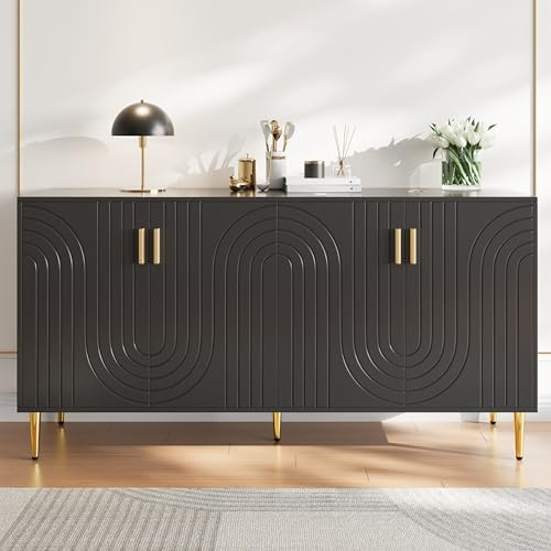 Enfilade 152x40x75 cm Design Wave Armoire de Rangement avec 4 Portes Poignées et Pieds dorés Buffet Chambre à Coucher Salon Salle à Manger Cuisine Crédence Noir