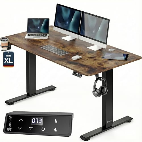 Casaria® Bureau électrique réglable en Hauteur Marron 160 x 70 cm écran LCD 72-117 cm Bureau Assis Debout Structure résistante Ajustable Porte gobelet Chargeur sans Fil