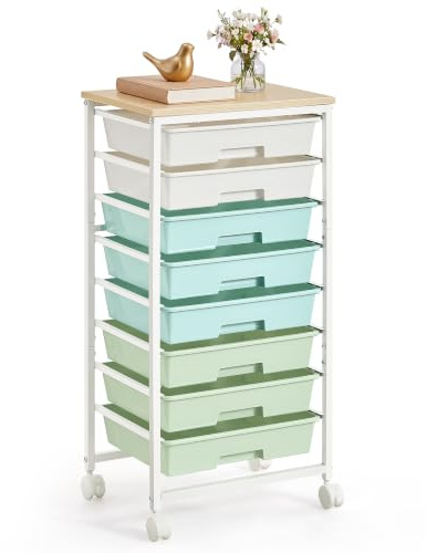 VASAGLE Rolling Storage Trolley with 8 Plastic Drawers, Mobile Organizer Cart with Wooden Top, 39.5 x 28.5 x 76.5 cm, for Office, Craft Room, Green and White, BENCO Collection LRC006C101