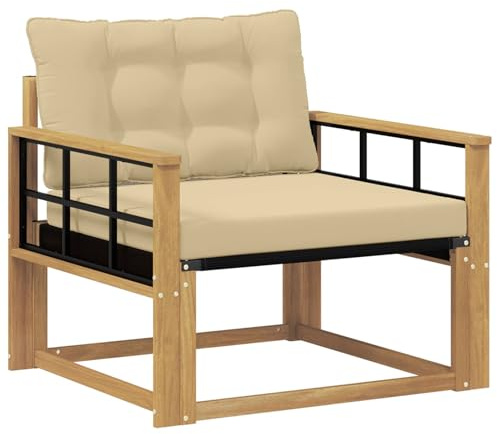 Qnhdfrt Modulares Gartensofa Akazienholz Einzelmodul Gartensessel Holz Lounge Sessel Outdoor Mittelsofa für Balkon Terrasse und Garten Weißes Gestell mit Beigen Kissen