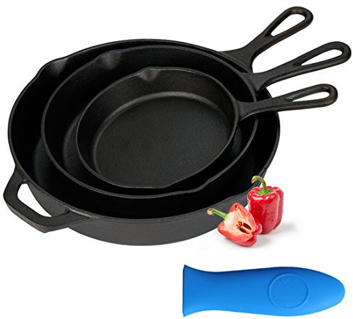 Kookantage Cast Iron Skillet Pre-Seasoned Cookware-6, 8, 10 Pans 3 Piece Set Heavy Duty Professional Chef Tools with Silicone Hot Handle Holder