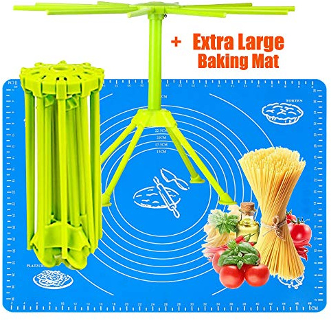 iPstyle Kitchen Pasta Drying Rack Folding with Extra Large Silicone Baking Mat, iPstyle Spaghetti Drying Rack Noodle Stand 10 Bar Handles (Drying Rack + Baking Mat)