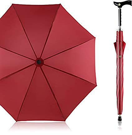 Automatik Regenschirm Gehstock, Classic Canes Regenschirm von 105cm Durchmesser Höhenverstellbar Spazierstock für Senioren,Rot