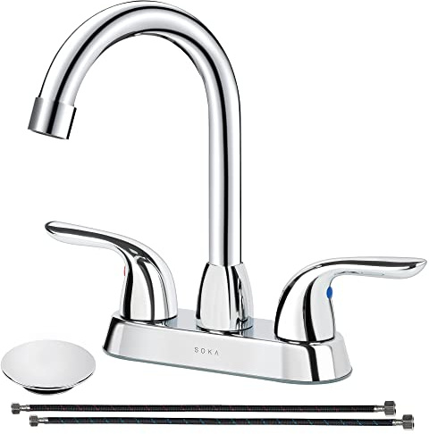 SOKA Two Handles Centerset Bathroom Faucet for Sink High Arc Stainless Steel with Deck Plate & Pop-Up Drain Assembly Fit 3 Hole Installation, Chrome (SK18001C)