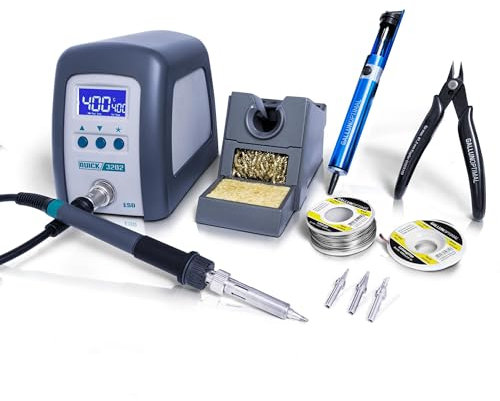 QUICK 3202 Digital Regelbare ESD Lötstation 90 Watt inkl. Lötkolben mit 1 mm Lötspitze und Zubehör - 100°- 550°C kalibrierbar - ESD Schutz und Auto-Standby-Funktion