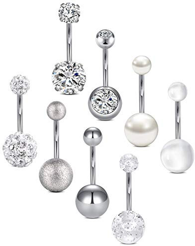 vcmart 8er Bauchnabelpiercing 12mm Set Chirurgenstahl Silber Rosegold Piercing Bauchnabel Zirkonia Diamant