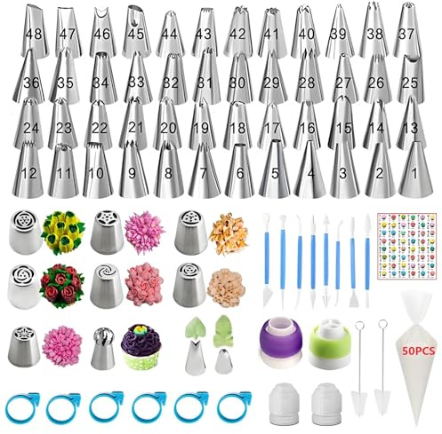 YOQXHY Piping Bags and Tips Set, 130 Pcs with 48 Numbered Icing Tips, 7 Russian Tips, 1 Ball Tip, 2 Leaf Tips, 8 Carved Pens, 4 Couplers, 50 Pastry Bags & More for Cake Cupcake Decorating
