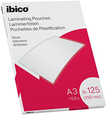 Ibico A3 Laminating Pouches, 250 Micron (2x125), High Document Protection & Durability, Pack of 100, Gloss Finish, Crystal Clear, 627321