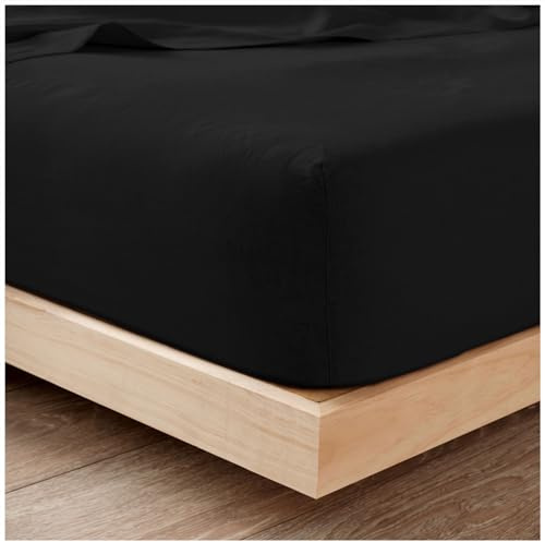 Plain Flannel Fitted Sheet 100% Brushed Cotton Bedding Sheets For Double Bed 25cm Deep - Elastic Corner Flannelette Bedsheet & Mattress Sheet - Thermal Double Fitted Sheet (193x137Cm) - Black