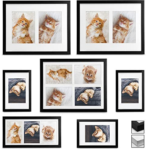 bomoe Bilderrahmen Collage 10x15 cm, 13x18 cm, 9x13 cm – 7x Mehrfach Bilderahmen Set Schwarz Fotorahmen Holzbilderrahmen Bilderrahmen mit Passepartout, Fotorahmen aus Holz & Kunststoffglas Galeria