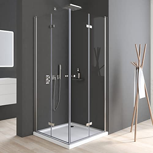 Duschkabine 75 x 90 x 185 cm Eckeinstieg Doppel Falttür 180º Falttürkabine 6mm ESG Glas Eckig Drehfalttür Dusche Duschwand Duschabtrennung