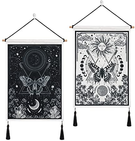 2 Stück Kleine Wandteppiche mit Quasten Wandbehang Schmetterling Motte | Tapisserie Tarot Wandteppich Schwarz und Weiß Wandteppich für Schlafzimmer Ästhetik (Mondfinsternis)