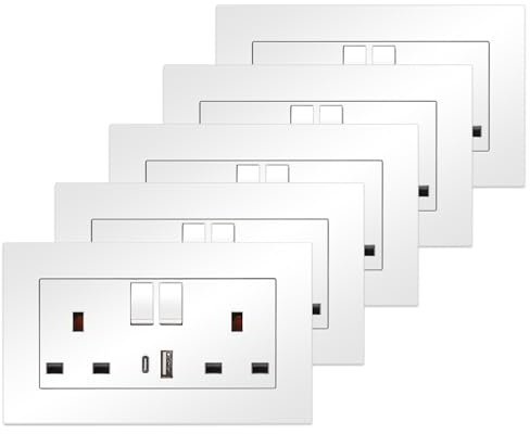 5 Pack CNBINGO Double Switched Power Socket with USB Charging Ports, White | 13 Amp Electric Wall Socket, Dual USB Type A and C