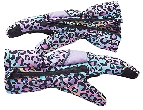 Andy & Evan Kids' Zip Gloves, Waterproof Winter Snow Gloves, Side Zippers, Touchscreen, Ski Snowboard Sledding, Warm Fleece Palms, Purple Lpard, Size 5-6
