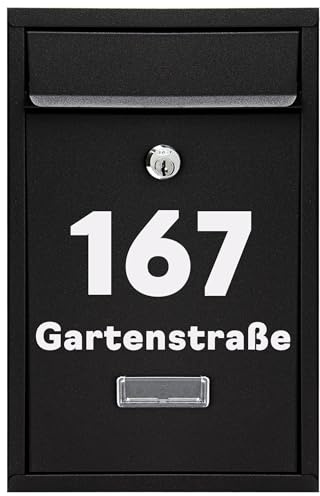 Gustav Briefkasten Klein Schwarz RAL 9005 personalisiert mit Name & Hausnummer inkl. Bitte Keine Werbung Aufkleber, Metall, wetterfest, Wandmontage