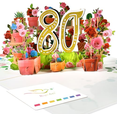 3D Pop-Up Karte zum 80. Jubiläum oder Geburtstag | Gartenmotiv mit Blumen, Pflanzen und Gartengeräten | Ideal für 80. Hochzeitstag oder Geburtstag | Mit passendem Umschlag und Notizkarte