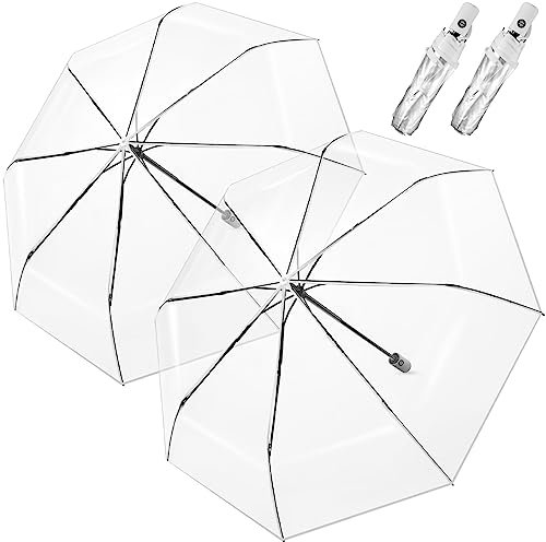 Hestya 2 Pack Clear Umbrellas for Weddings Auto Open Transparent See Through Umbrella Folding Wedding Supplies for Bride Groom Guest Photographer Windproof Rainproof