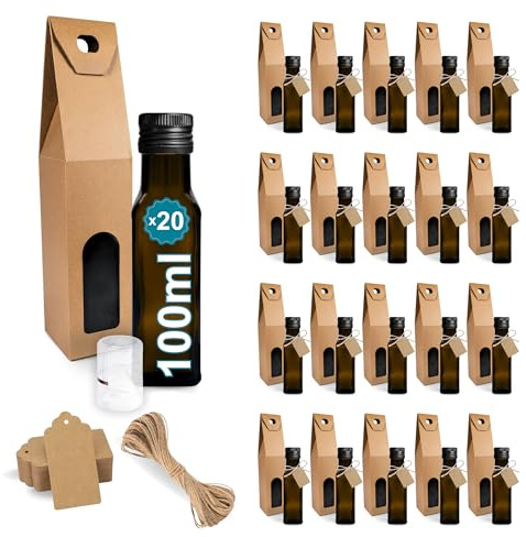 20 Botellas de Cristal Oscuro 100 ml con Tapón de Rosca Negro + 20 Cajas + 20 sellos + 20 Etiquetas Kraft + Cuerda – Botellas Pequeñas para Aceite de Oliva, Vinagre, Alcohol, Muestras