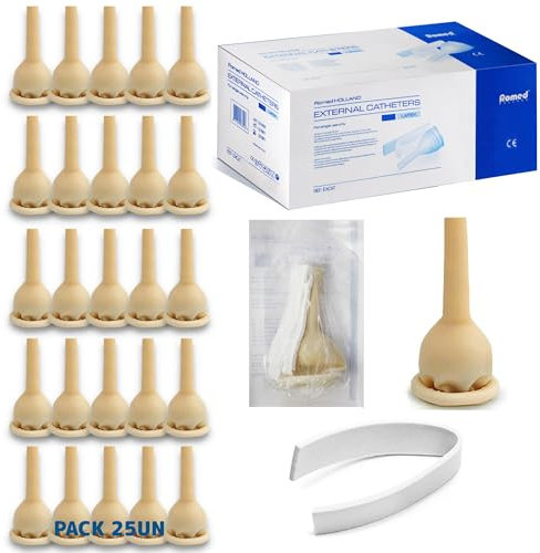 ROMED Condones Catéter Externo de Látex para Hombre con Cinta Adhesiva (Paquete de 25 piezas, M - 25 mm) | No Invasivo | Compatible con Colector Urinario, Bolsas de Orina | Incontinencia Hombre