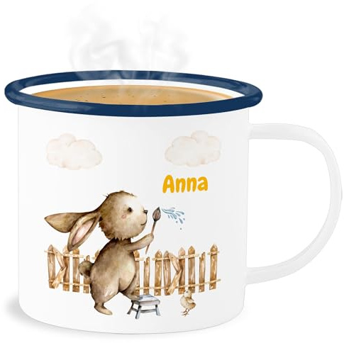 Emaille Becher Blechbecher - Ostergeschenke - Süßer Hase Kinder - 300 ml - Weiß Blau - ostern hasen tasse oster osterhase tassen osterhasen name easter osterngeschenke ostegeschenk ostergeschenk
