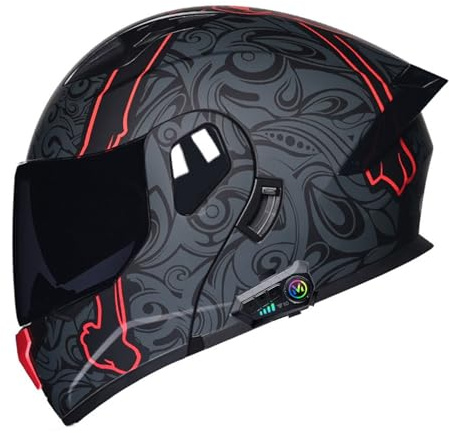 Motorrad Klapphelm mit Sonnenblende Bluetooth Helm Motorradhelm ECE Zertifiziert Integralhelme Mit Doppelvisier und Mikrofon Motorradhelm Klappbar Für Herren Damen